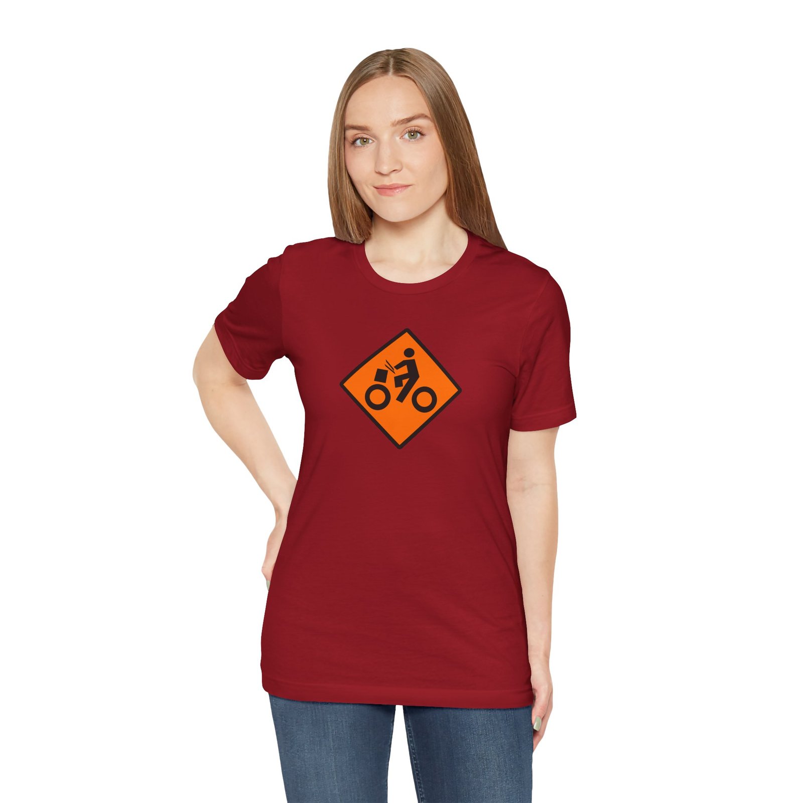 Drumming Bicycle Construction Sign — Orange Road Drummer Bike Logo T-Shirt - Image 54