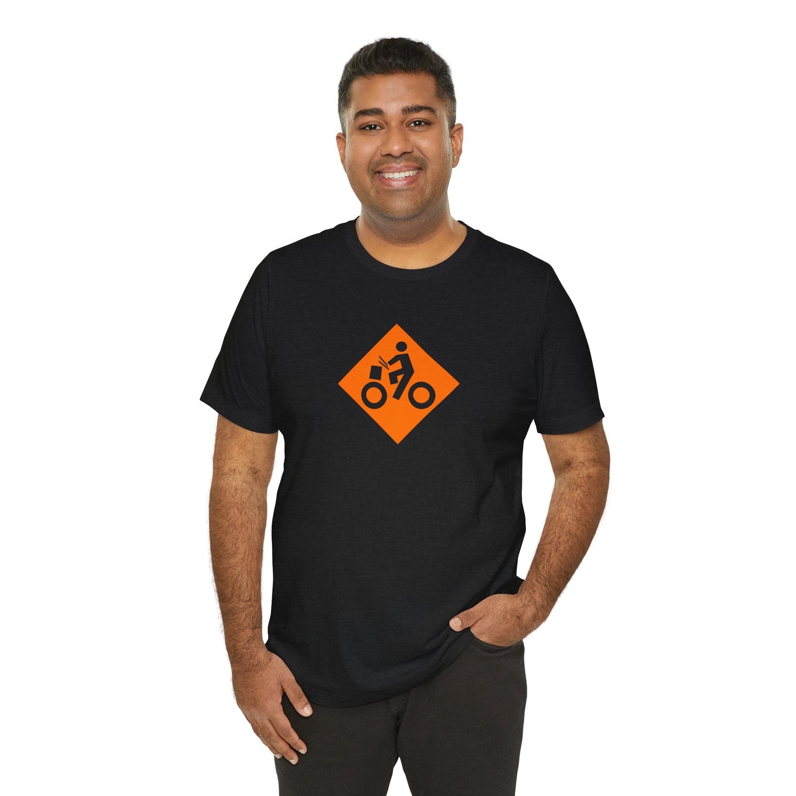 Drumming Bicycle Construction Sign — Orange Road Drummer Bike Logo T-Shirt - Image 20