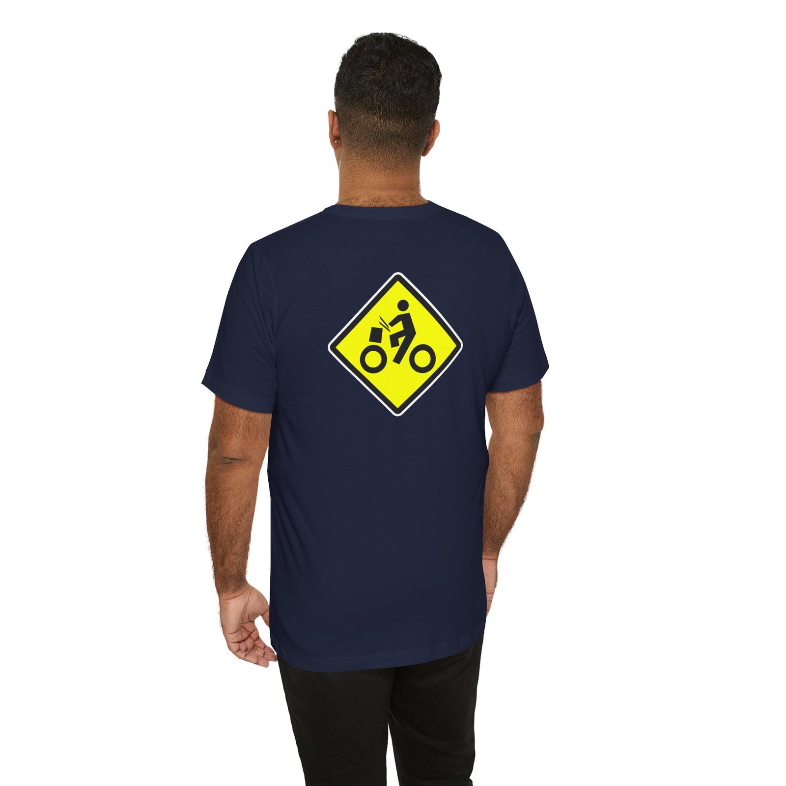 Drumming Bicycle Crossing Sign BACK— Yellow Yield Road Drummer Bike Logo T-Shirt - Image 45