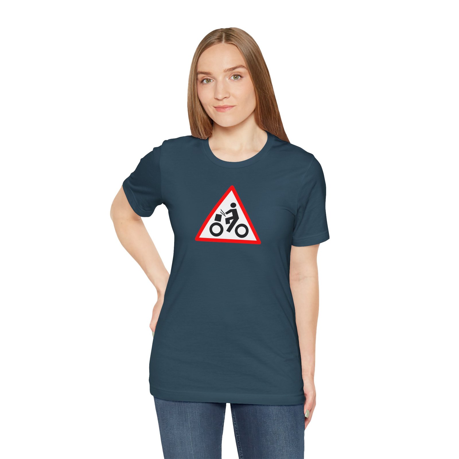 Drumming Bicycle Warning Sign — The Road Drummer Bike Logo T-Shirt - Image 46