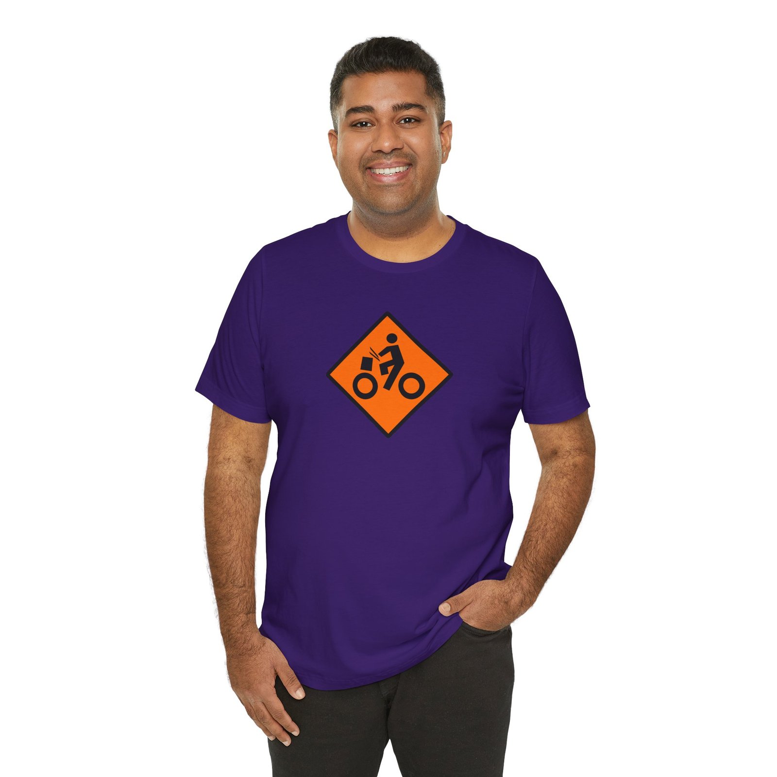 Drumming Bicycle Construction Sign — Orange Road Drummer Bike Logo T-Shirt - Image 44