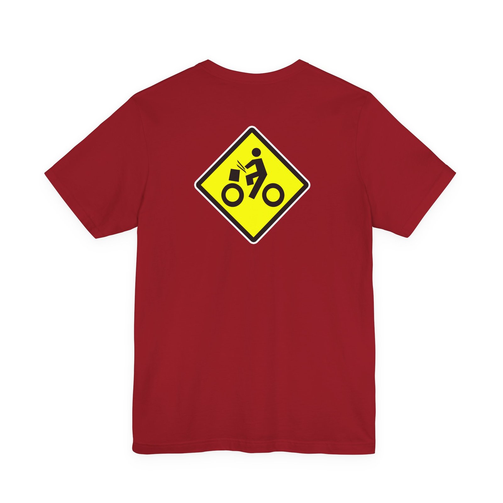 Drumming Bicycle Crossing Sign BACK— Yellow Yield Road Drummer Bike Logo T-Shirt - Image 52