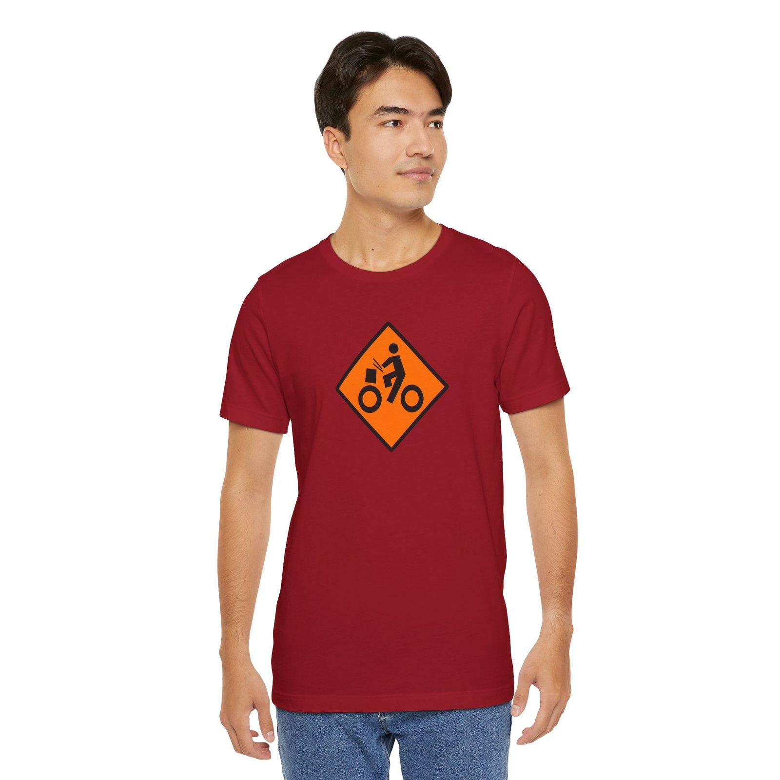 Drumming Bicycle Construction Sign — Orange Road Drummer Bike Logo T-Shirt - Image 53
