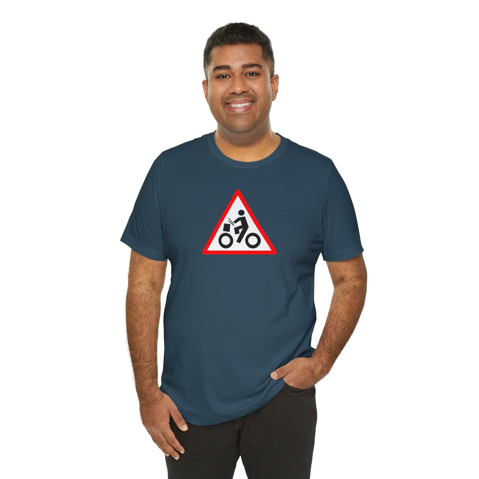 Drumming Bicycle Warning Sign — The Road Drummer Bike Logo T-Shirt - Image 44