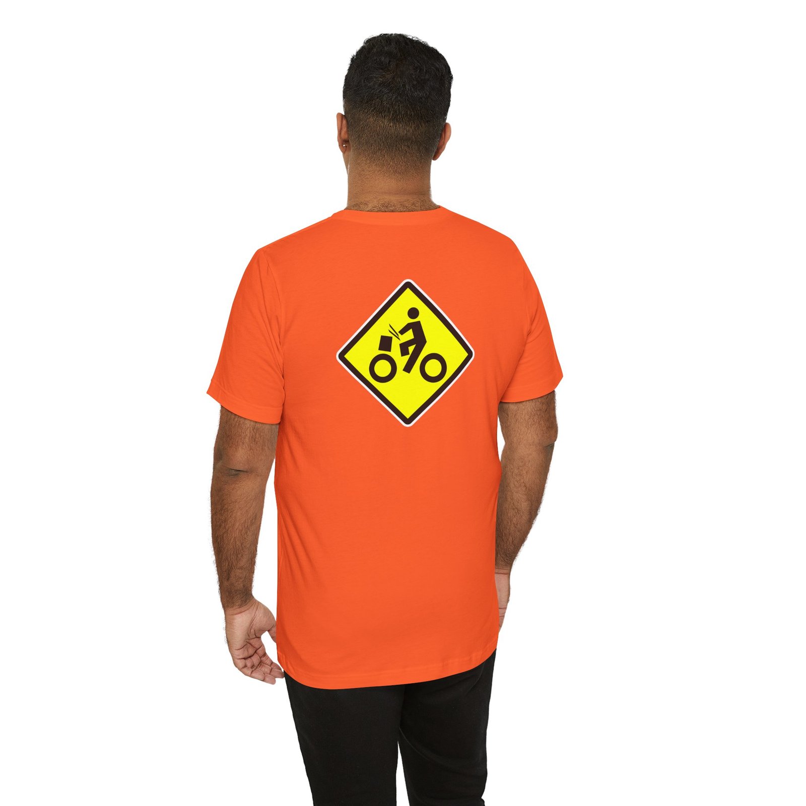 Drumming Bicycle Crossing Sign BACK— Yellow Yield Road Drummer Bike Logo T-Shirt - Image 10