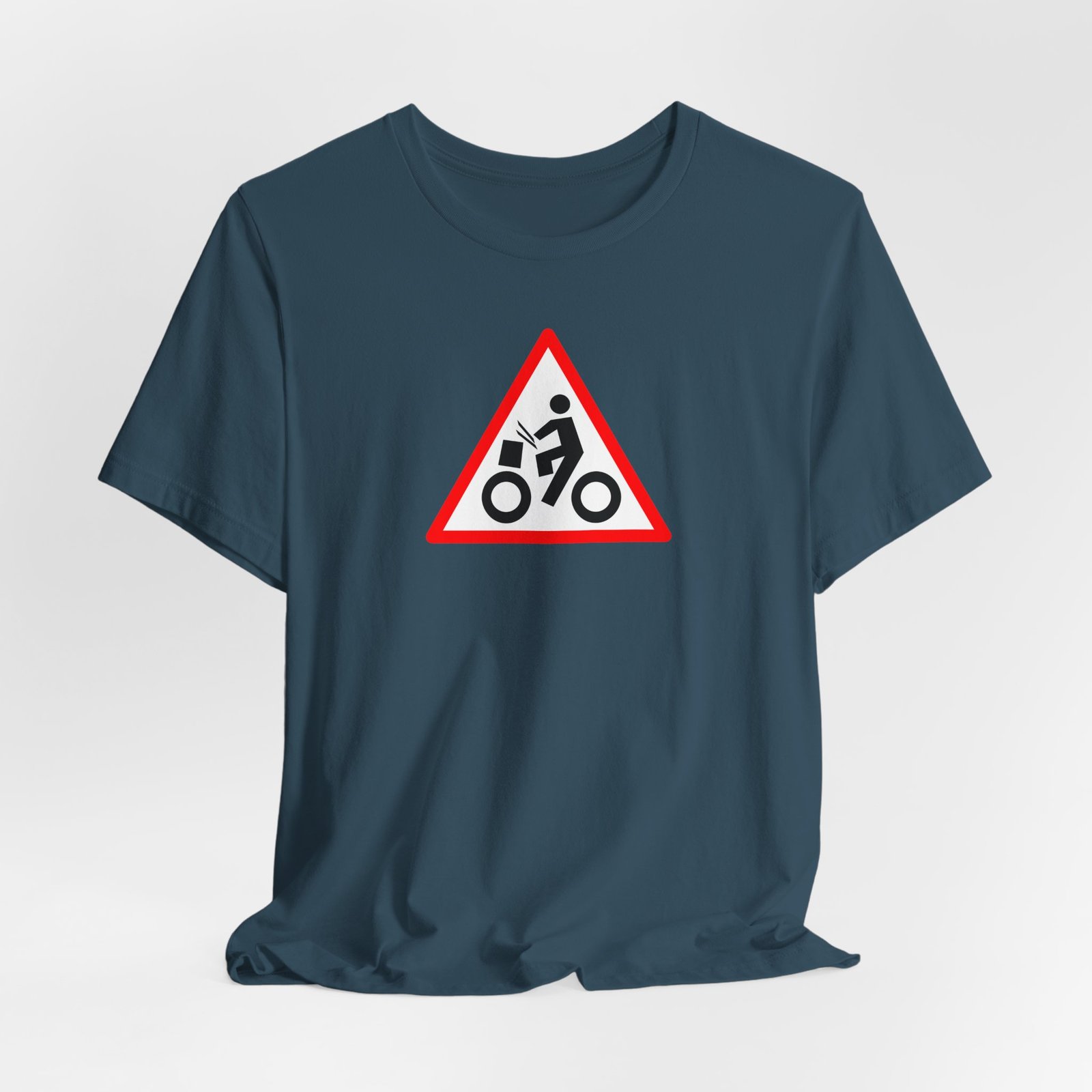 Drumming Bicycle Warning Sign — The Road Drummer Bike Logo T-Shirt - Image 43