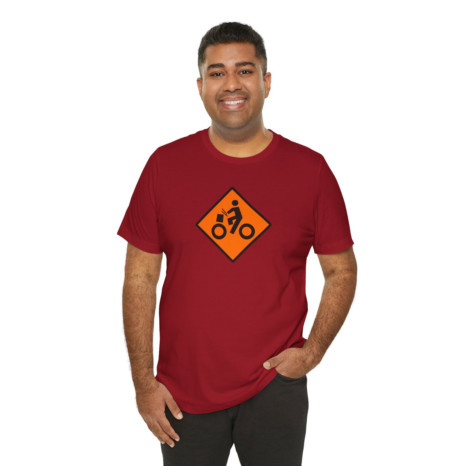 Drumming Bicycle Construction Sign — Orange Road Drummer Bike Logo T-Shirt - Image 52