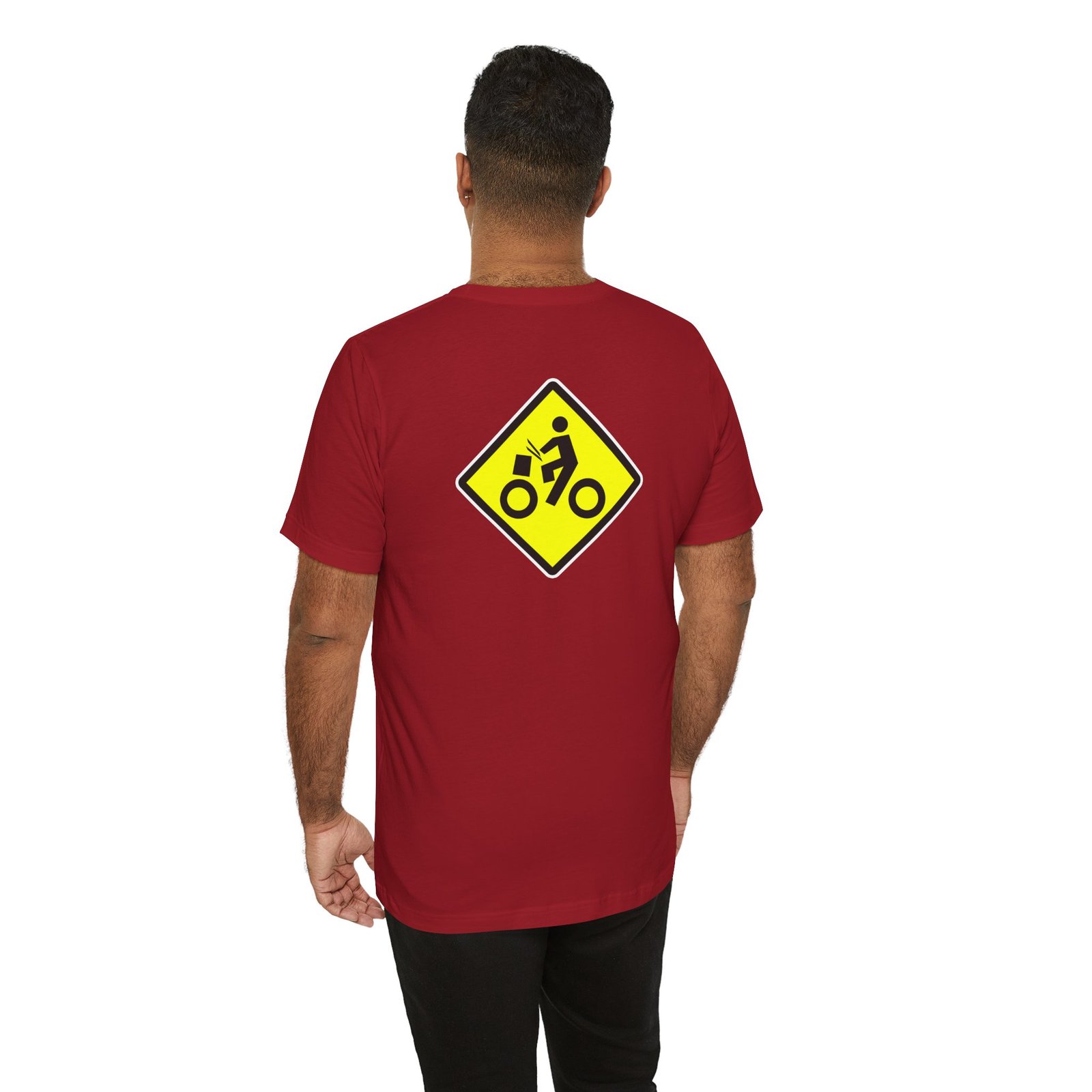Drumming Bicycle Crossing Sign BACK— Yellow Yield Road Drummer Bike Logo T-Shirt - Image 55