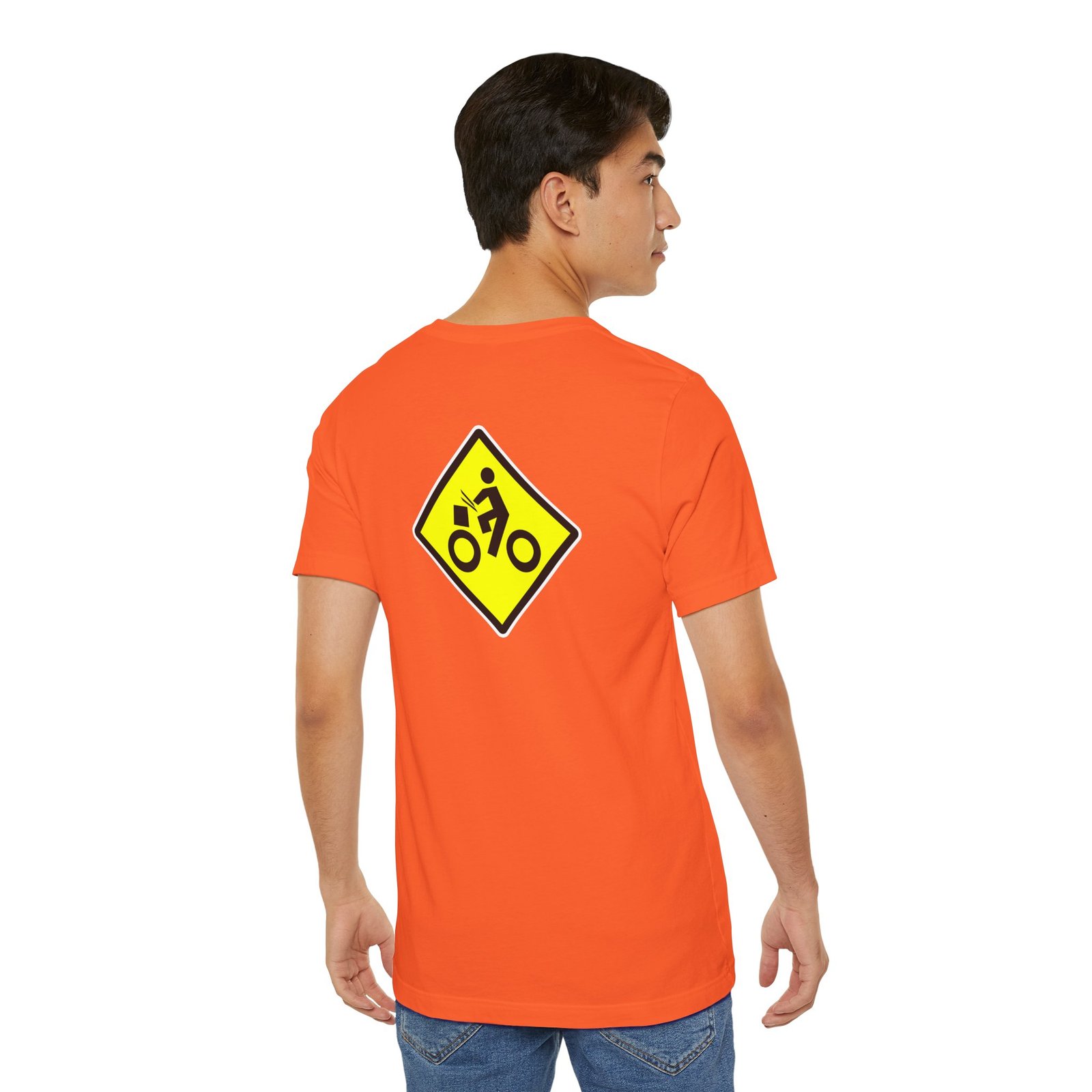 Drumming Bicycle Crossing Sign BACK— Yellow Yield Road Drummer Bike Logo T-Shirt - Image 11