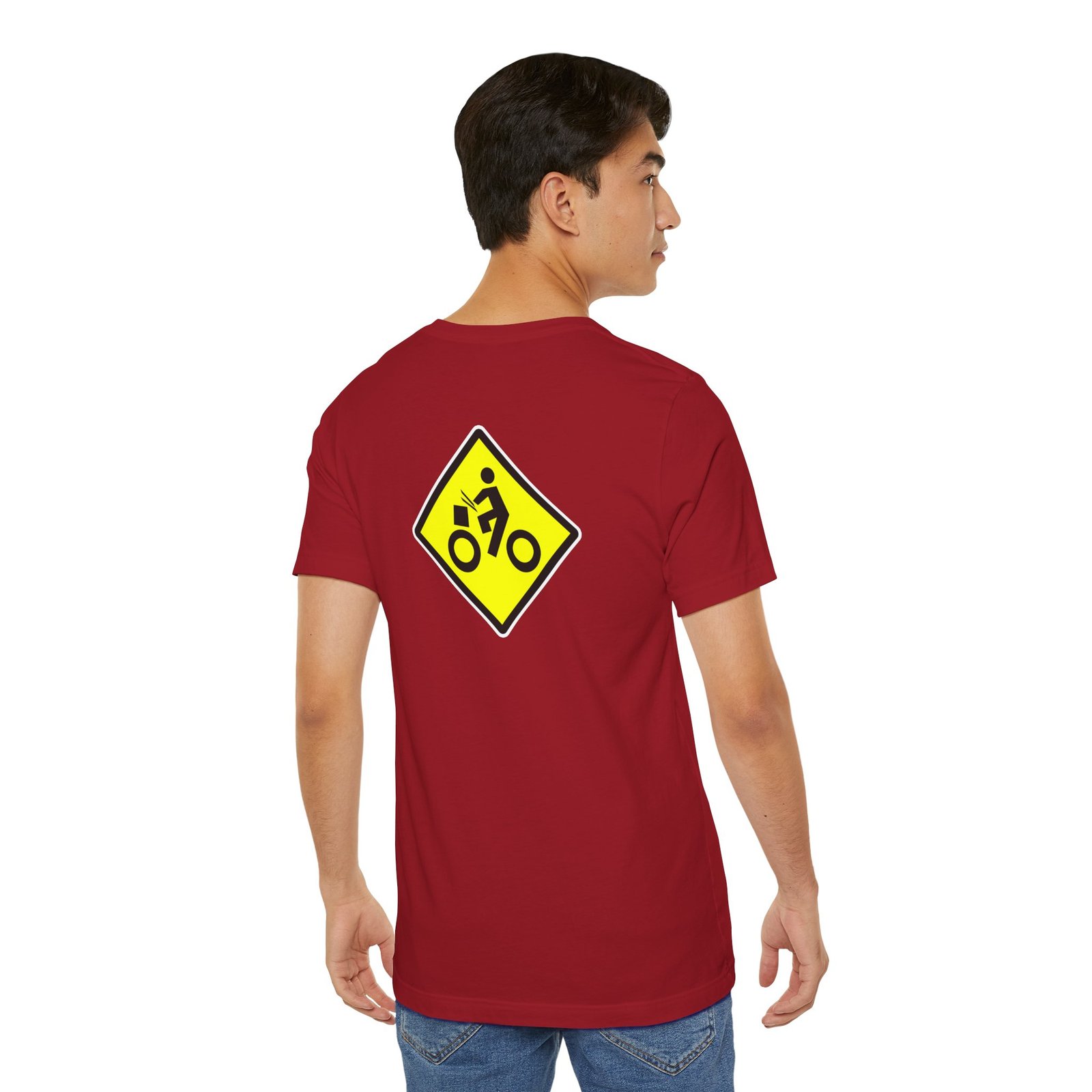 Drumming Bicycle Crossing Sign BACK— Yellow Yield Road Drummer Bike Logo T-Shirt - Image 56