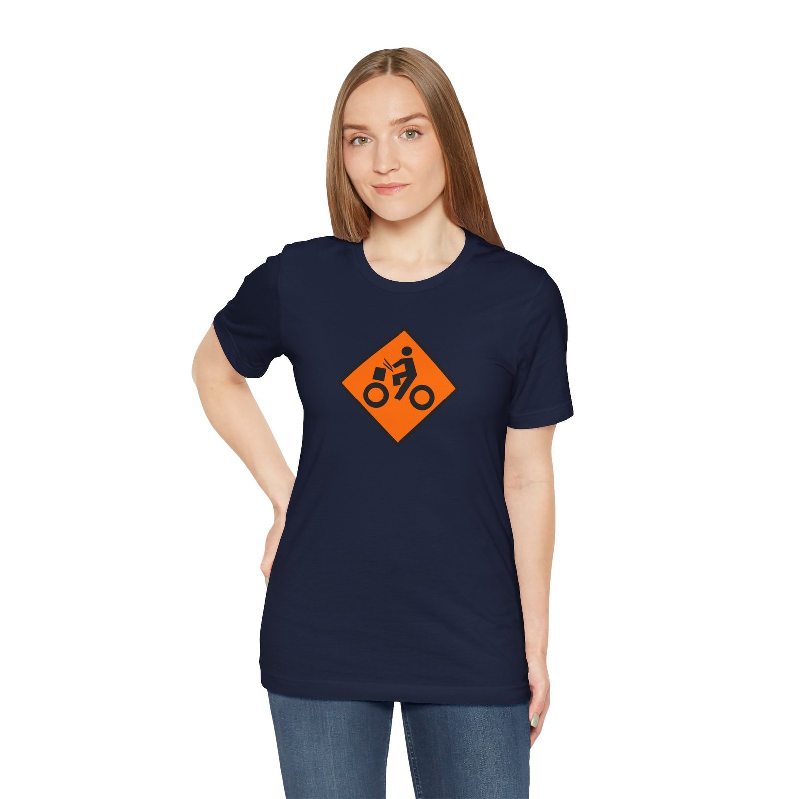 Drumming Bicycle Construction Sign — Orange Road Drummer Bike Logo T-Shirt - Image 38