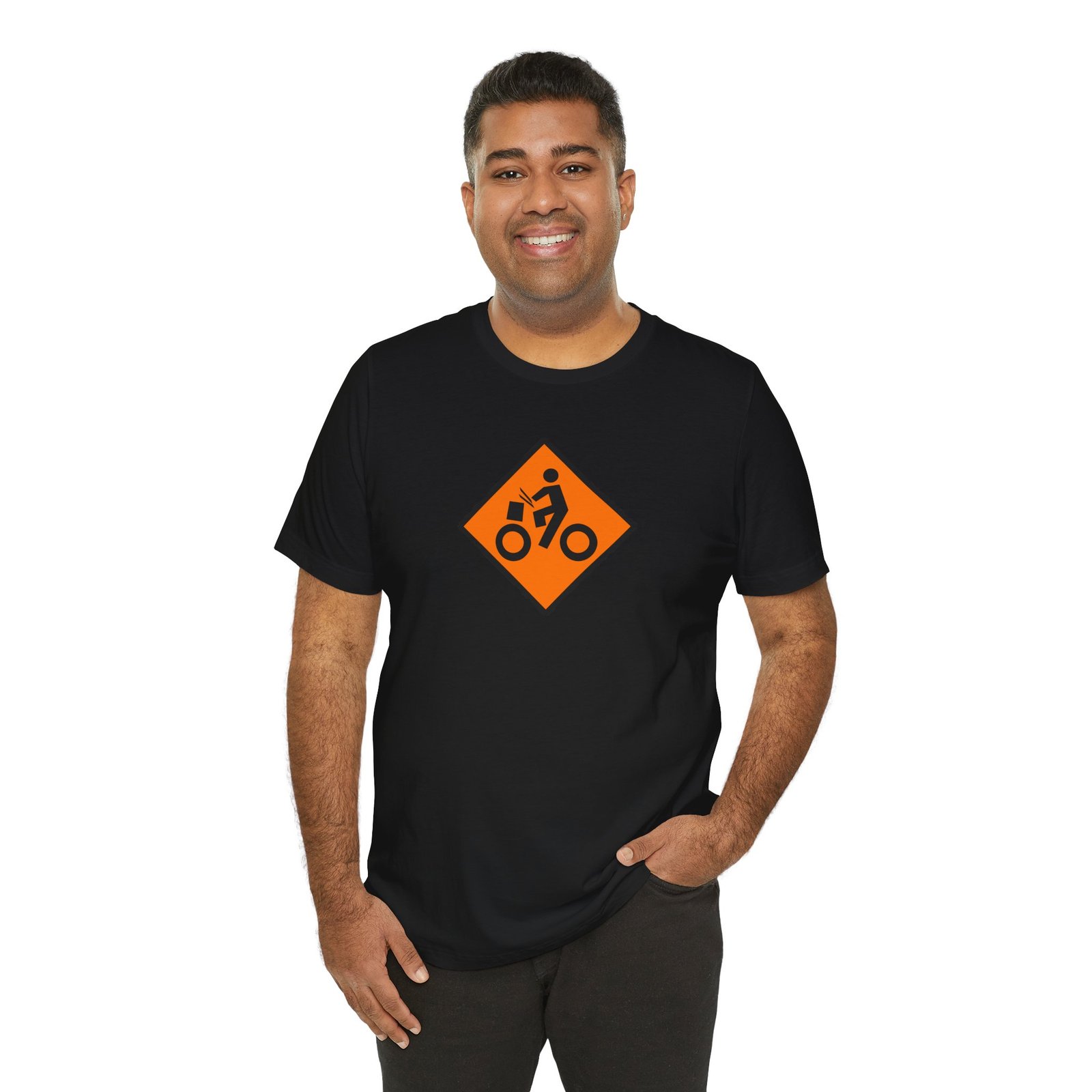 Drumming Bicycle Construction Sign — Orange Road Drummer Bike Logo T-Shirt