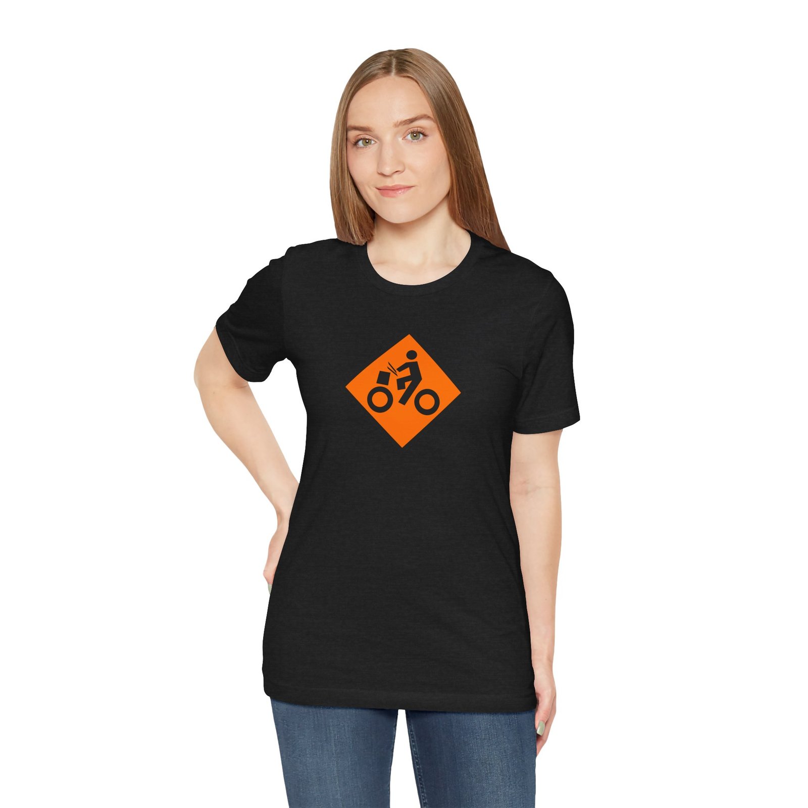 Drumming Bicycle Construction Sign — Orange Road Drummer Bike Logo T-Shirt - Image 22