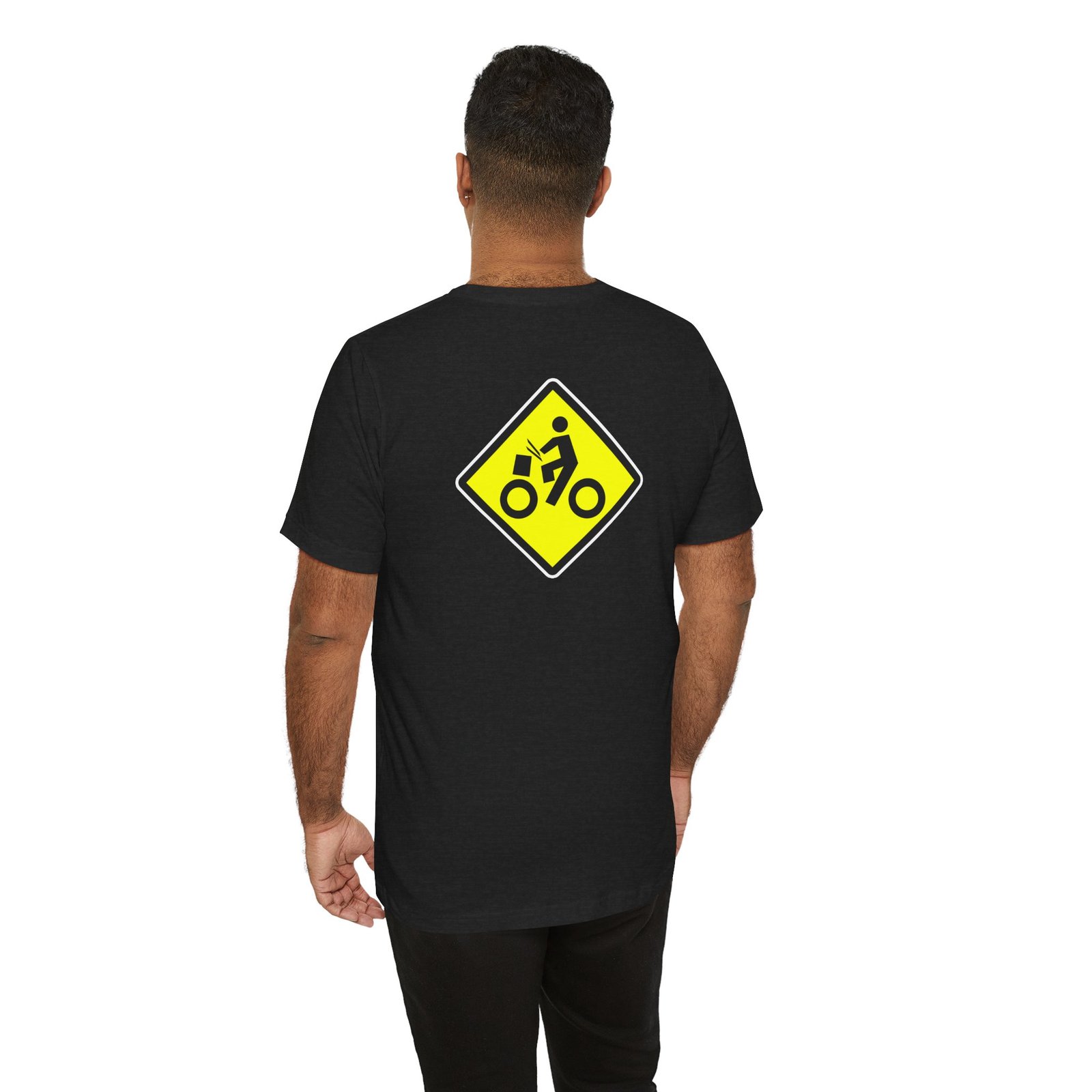 Drumming Bicycle Crossing Sign BACK— Yellow Yield Road Drummer Bike Logo T-Shirt - Image 21