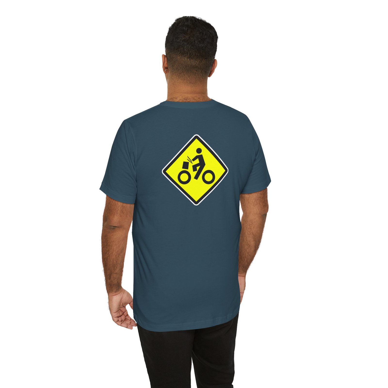 Drumming Bicycle Crossing Sign BACK— Yellow Yield Road Drummer Bike Logo T-Shirt - Image 41
