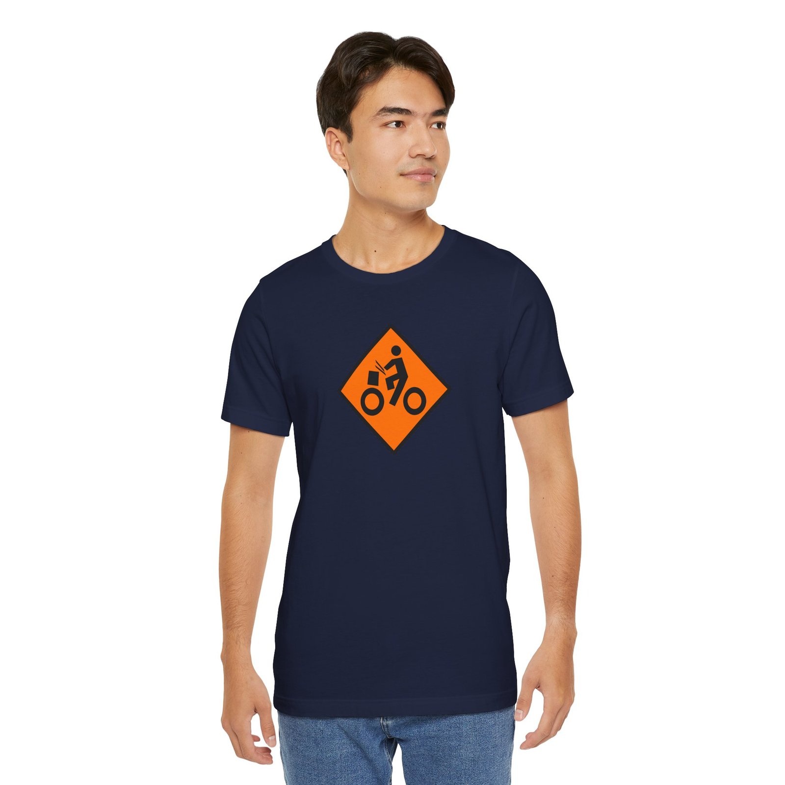 Drumming Bicycle Construction Sign — Orange Road Drummer Bike Logo T-Shirt - Image 37
