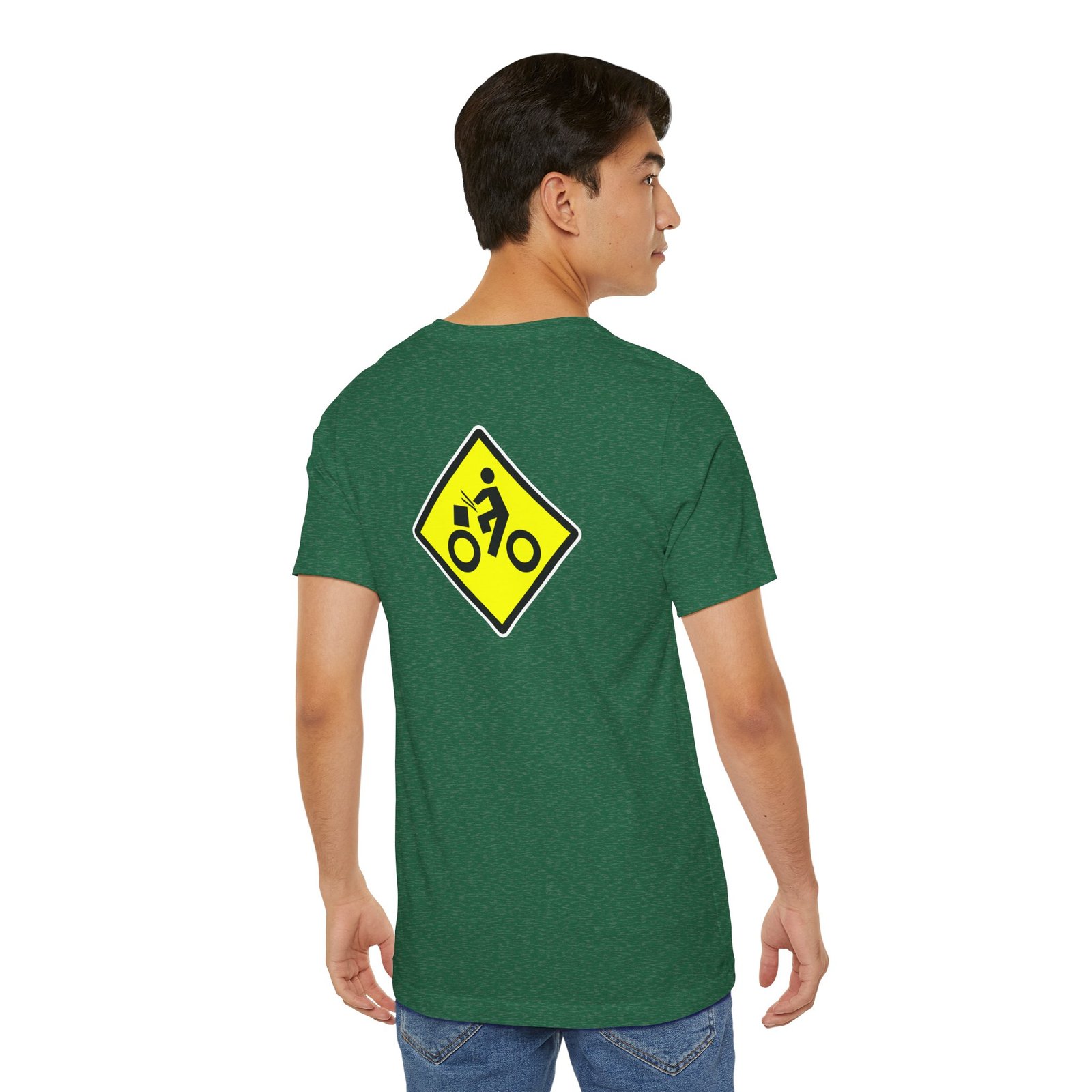 Drumming Bicycle Crossing Sign BACK— Yellow Yield Road Drummer Bike Logo T-Shirt - Image 32