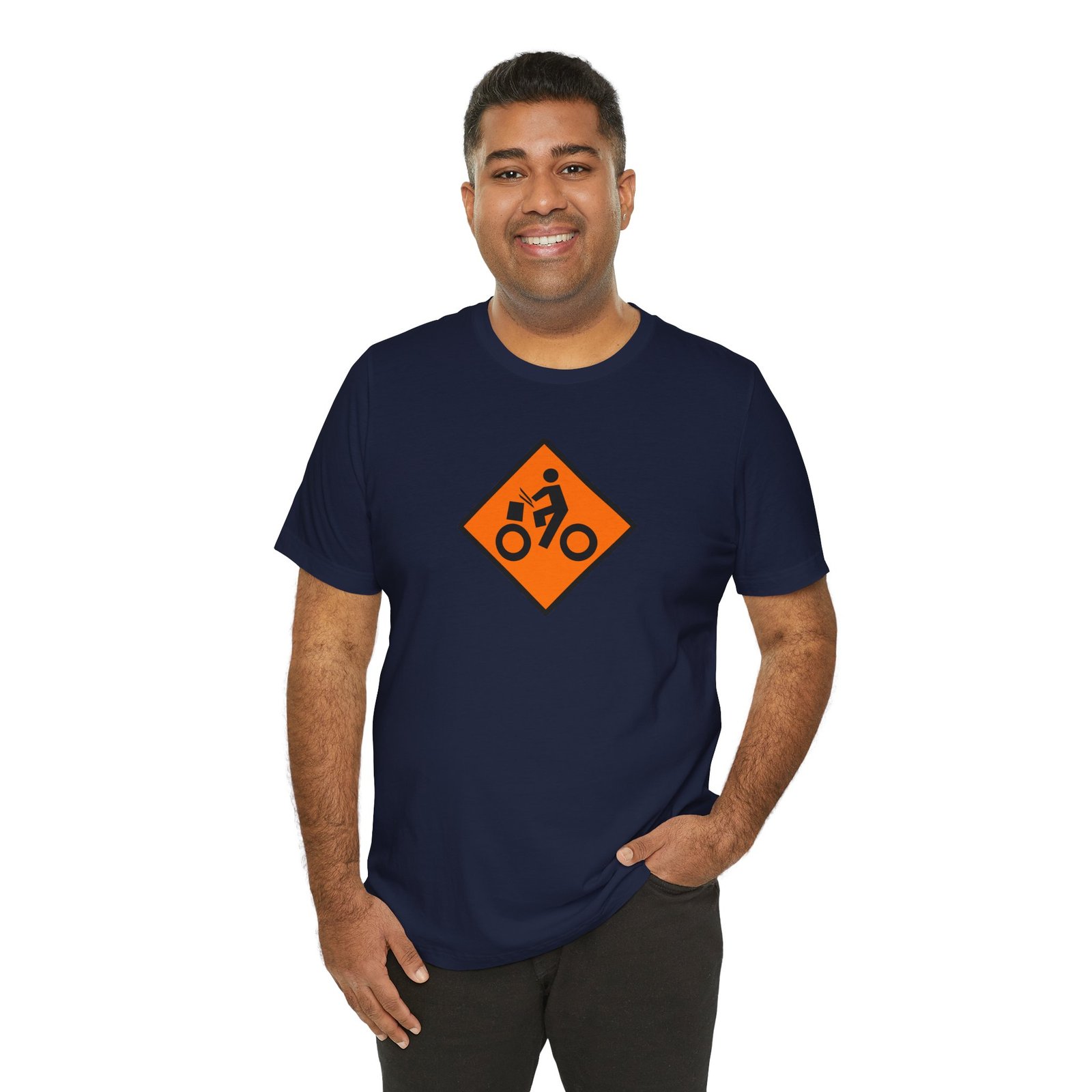 Drumming Bicycle Construction Sign — Orange Road Drummer Bike Logo T-Shirt - Image 36
