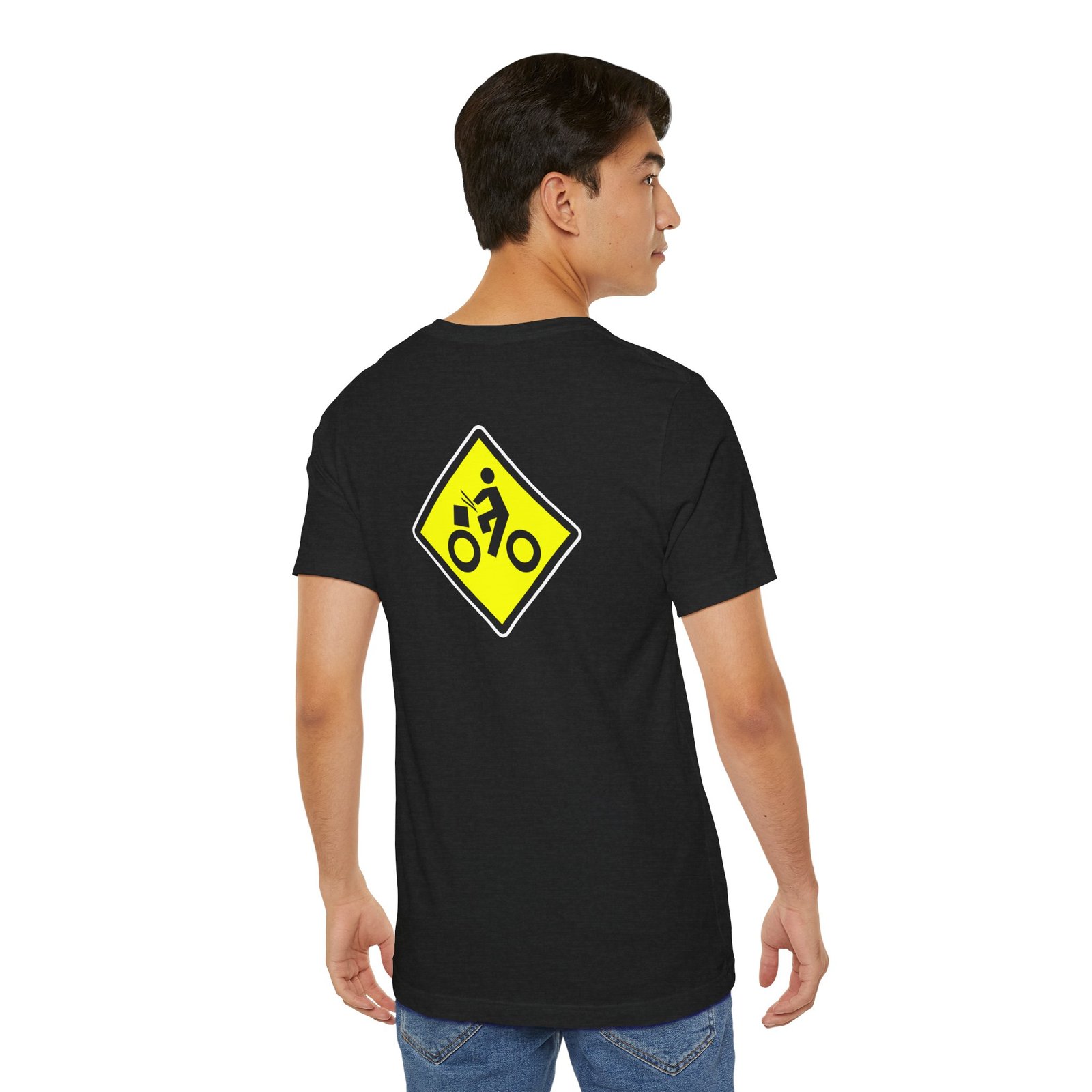 Drumming Bicycle Crossing Sign BACK— Yellow Yield Road Drummer Bike Logo T-Shirt - Image 22