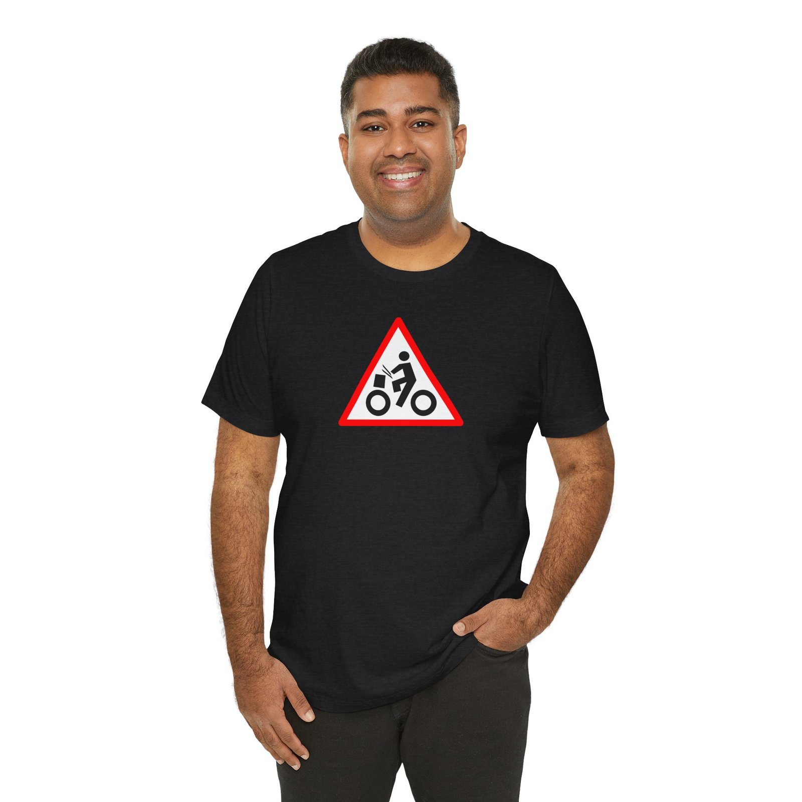 Drumming Bicycle Warning Sign — The Road Drummer Bike Logo T-Shirt - Image 28