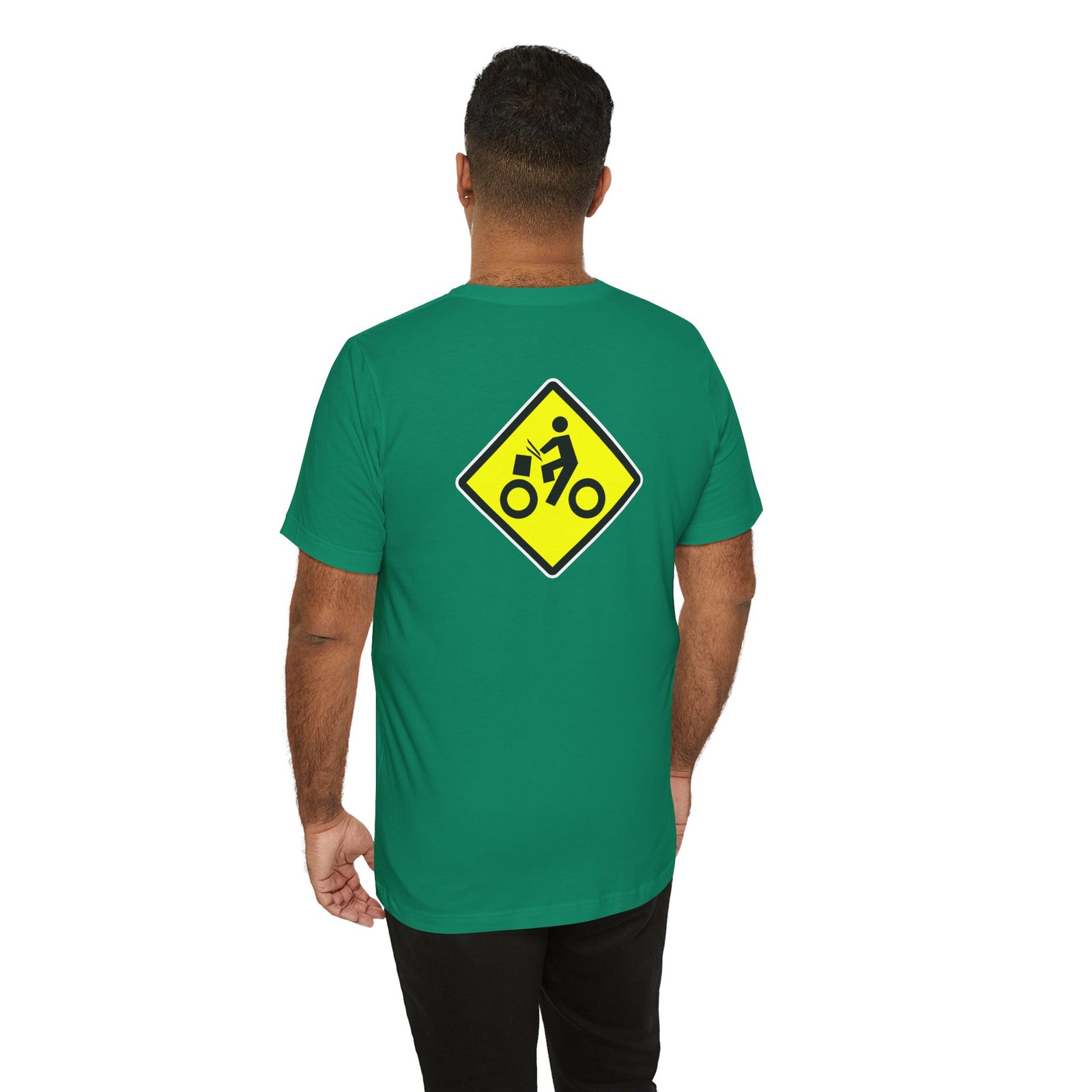 Drumming Bicycle Crossing Sign BACK— Yellow Yield Road Drummer Bike Logo T-Shirt - Image 36
