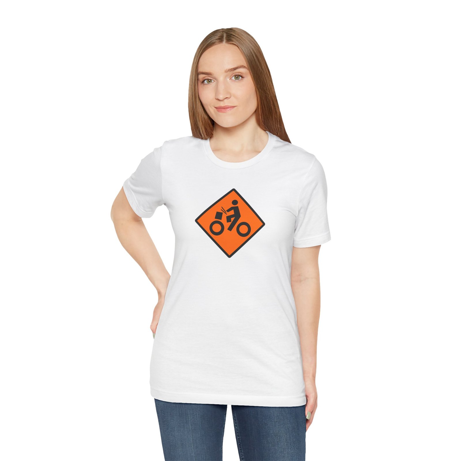 Drumming Bicycle Construction Sign — Orange Road Drummer Bike Logo T-Shirt - Image 2