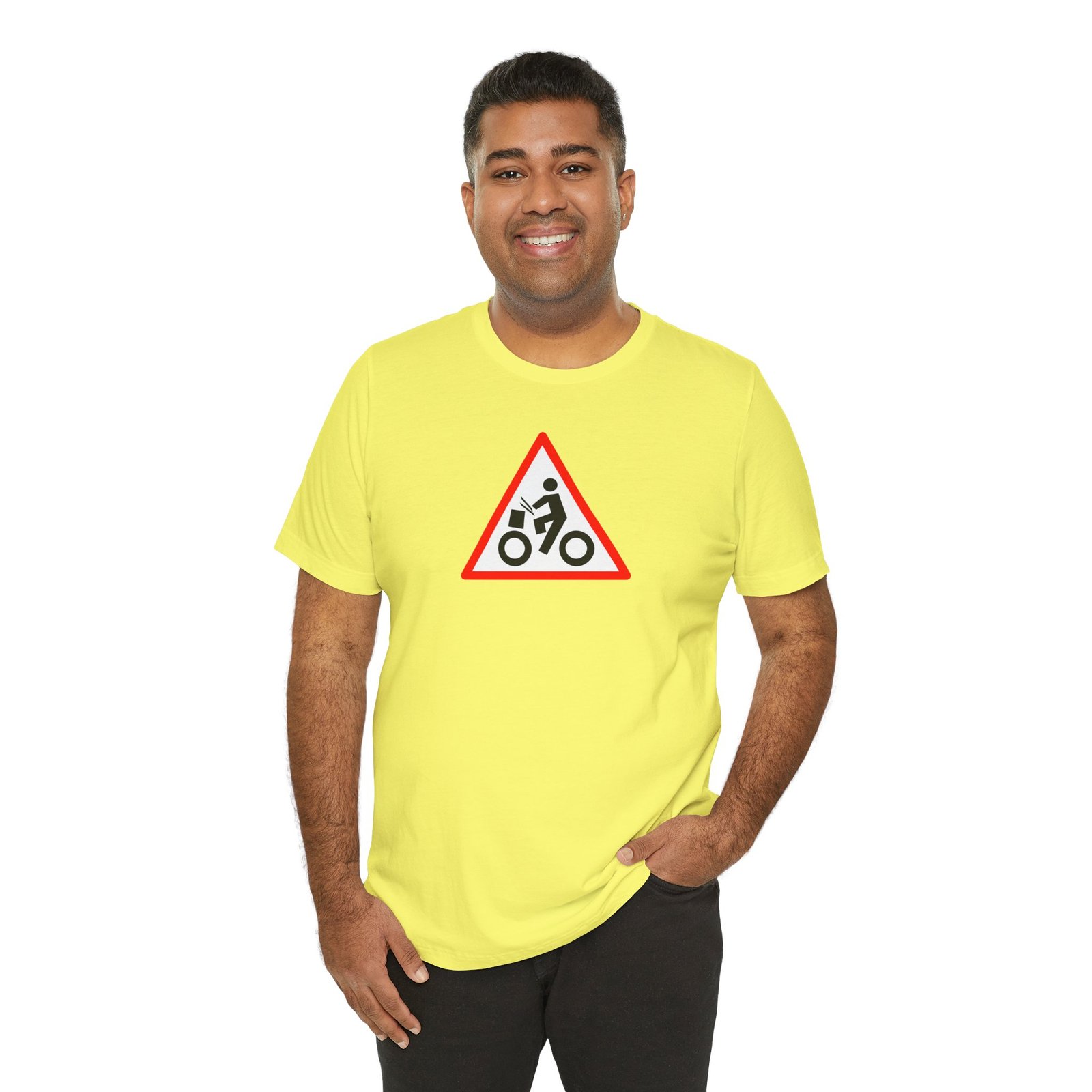 Drumming Bicycle Warning Sign — The Road Drummer Bike Logo T-Shirt - Image 36