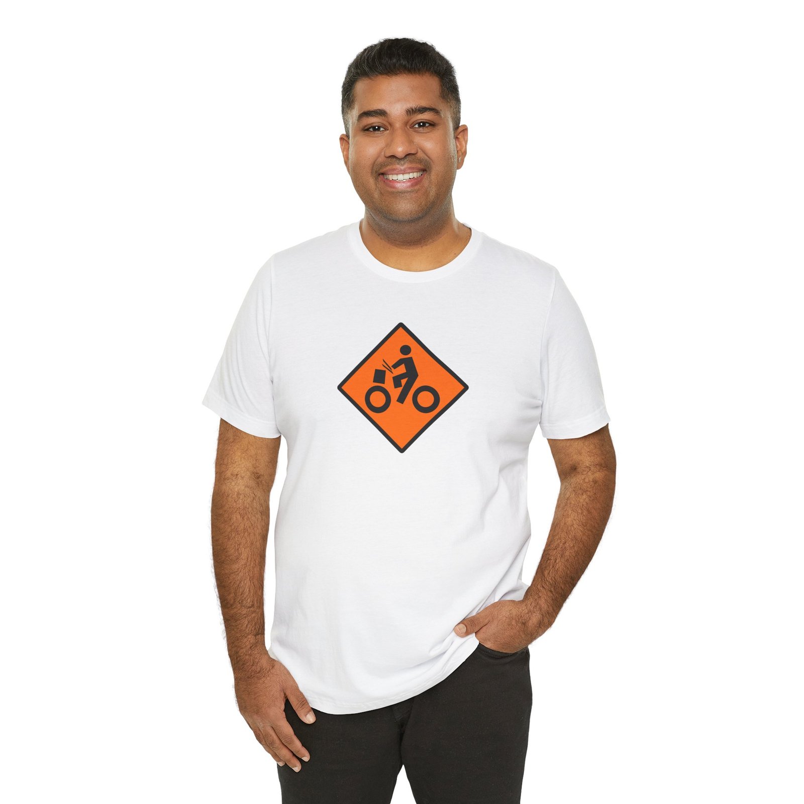 Drumming Bicycle Construction Sign — Orange Road Drummer Bike Logo T-Shirt - Image 6